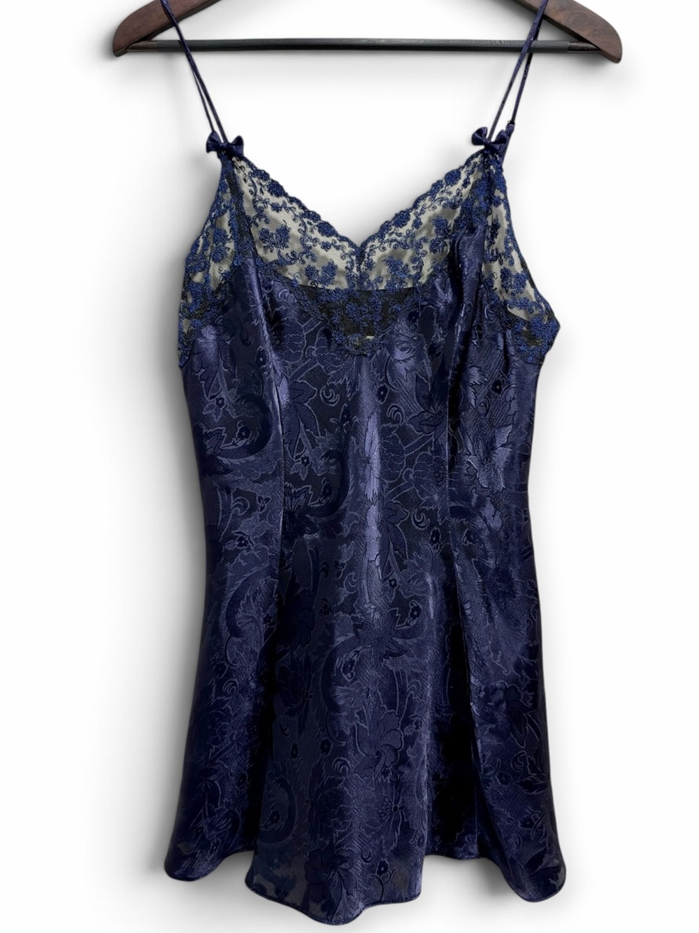 Victoria’s Secret Gold Label Navy Satin Lace Mini Slip Dress M Jacquard